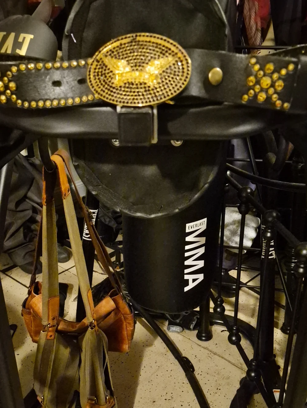 Studded Black Leather Belt with Gold Medallion - Men Accessories
